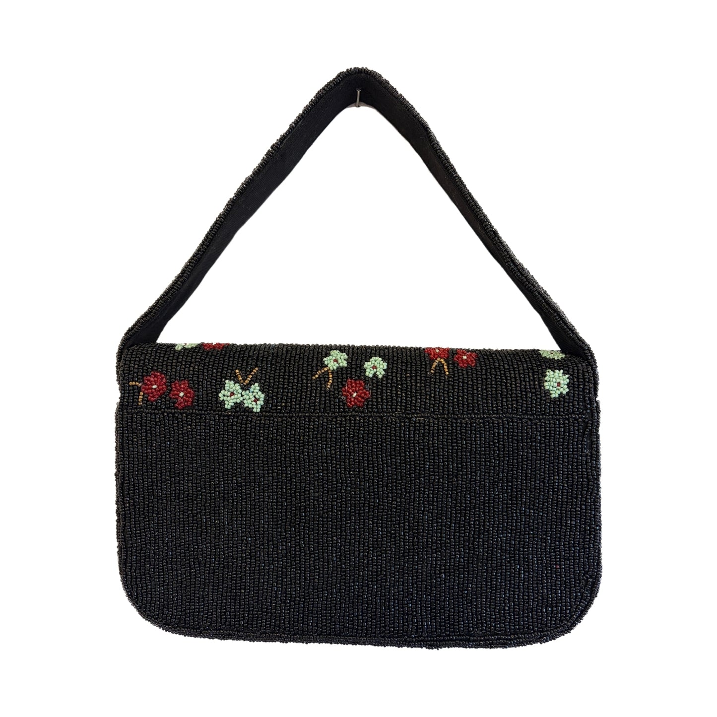 Black beaded handbag with floral embroidery on a white background