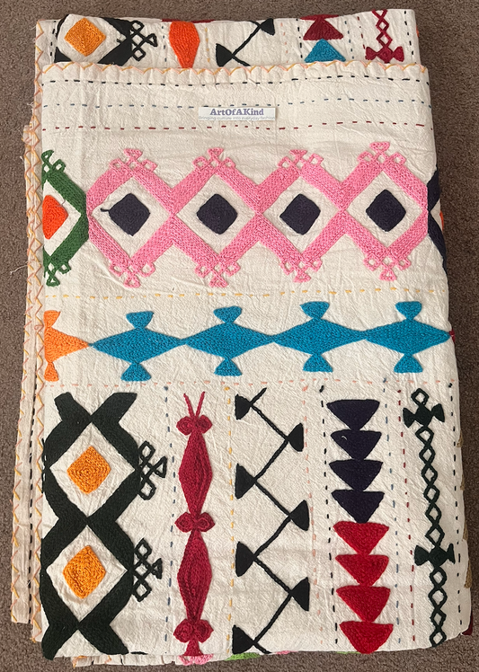 Colorful patterned throw on a white surface close view