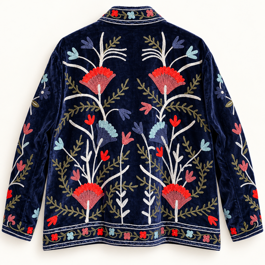Suzani Floral Embroidery Velvet Jacket - Deep Blue