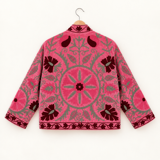 Pink Suzani embroidered Velvet jacket with green and dark red floral patterns.