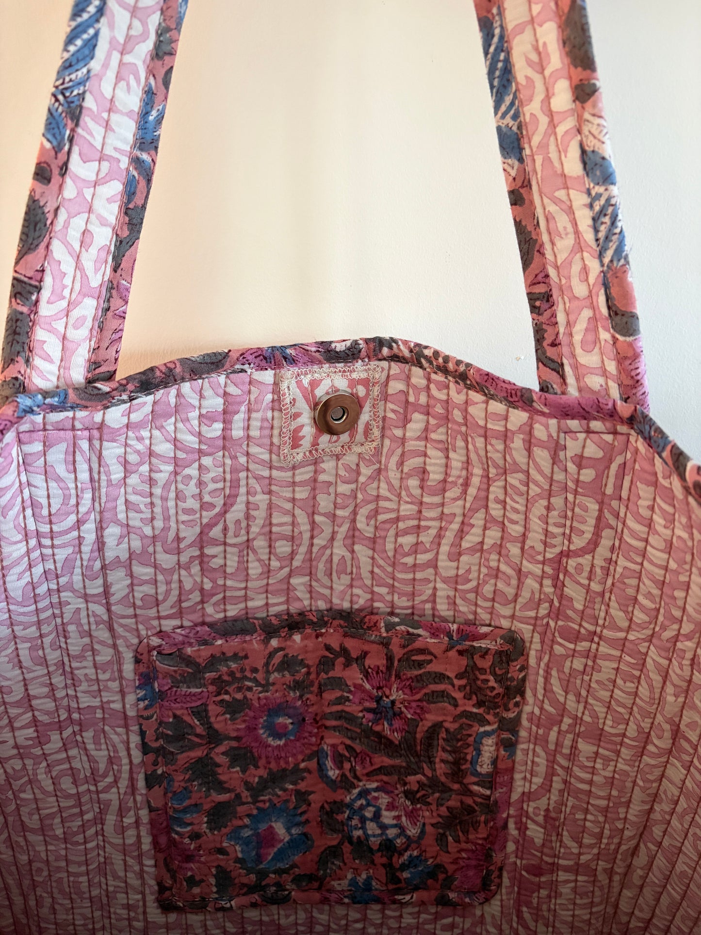 Pink Block Print Cotton Quilted Tote Bag – Handmade Tote showing the interior detailing and pocket design.