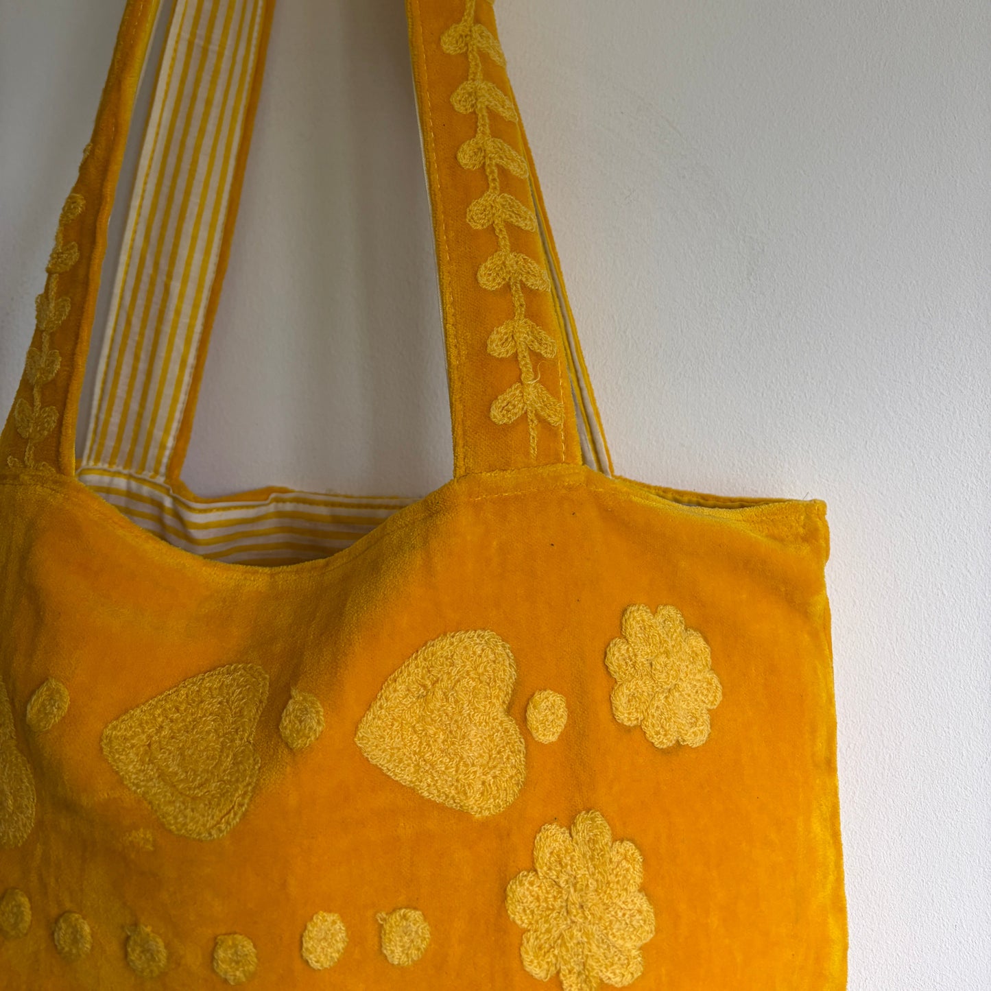 Yellow Velvet Suzani Love Embroidery Tote bag on a white background