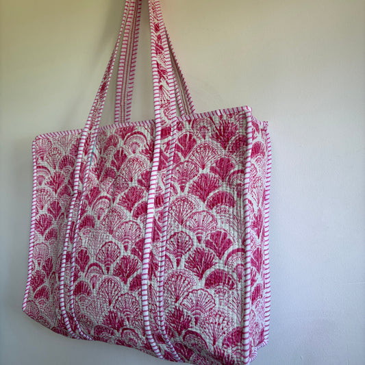 Pink cotton Quilted tote bag UK striped and shell pattern detail