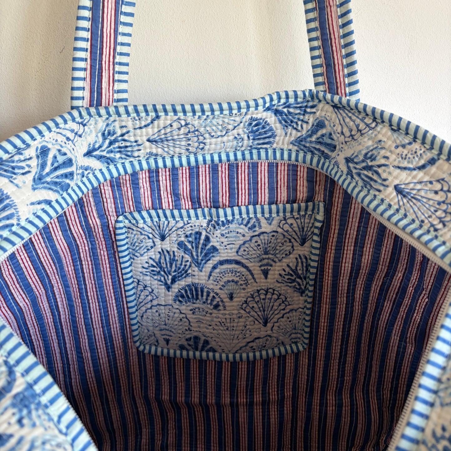 Pink cotton Quilted tote bag UK striped and shell pattern detail