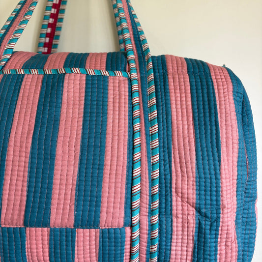Handmade Cotton Weekend Travel Bag in Pink & Teal