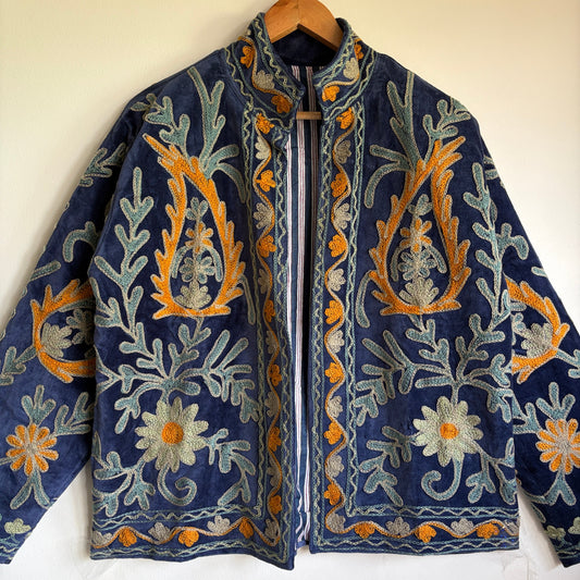 Navy Blue Suzani Embroidered Jacket | Hand-Stitched Boho Floral Coat