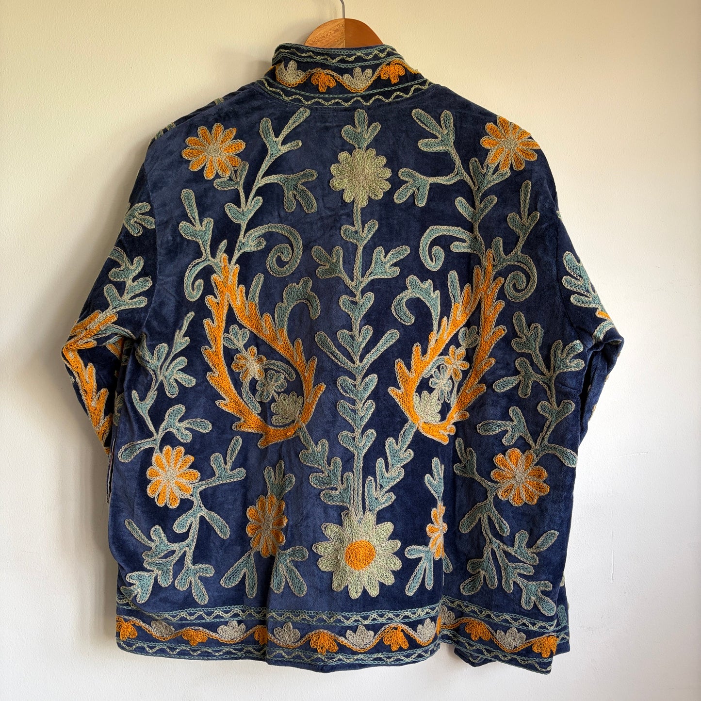 Navy Blue Suzani Embroidered Jacket | Hand-Stitched Boho Floral Coat
