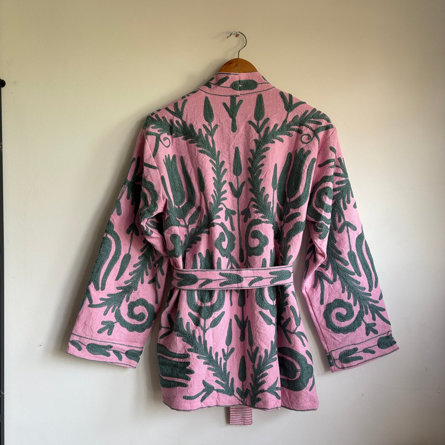 Pink Suzani Embroidery Kimono jacket dark gray abstract leaf and scroll pattern.