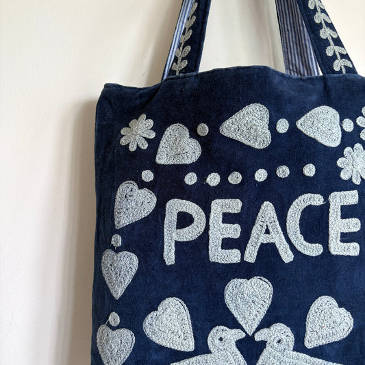 Navy Velvet Tote Bag – Grey Embroidered "LOVE" Folk Hearts & Bird Motif,