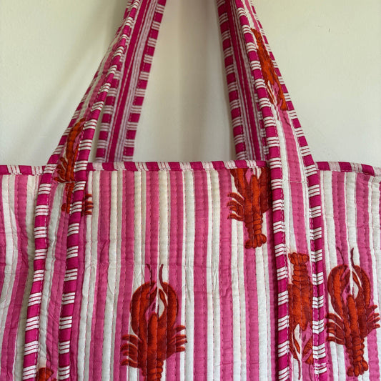 Pink Striped Lobster Quilted Tote Bag