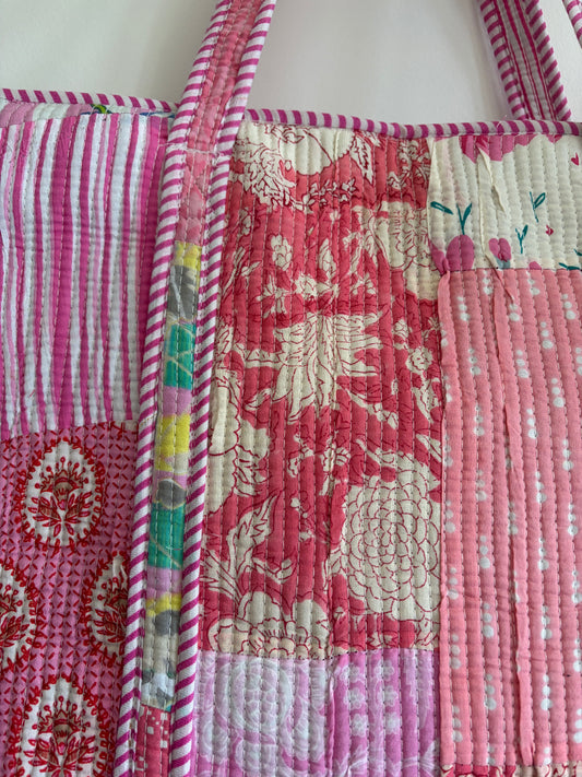 Pink cotton tote bag UK floral block print pattern detail