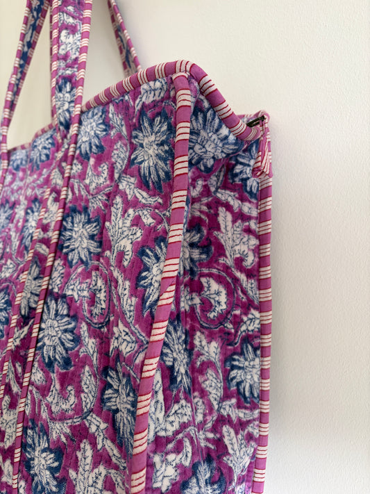 Purple floral velvet tote bag UK full pattern view velvet design
