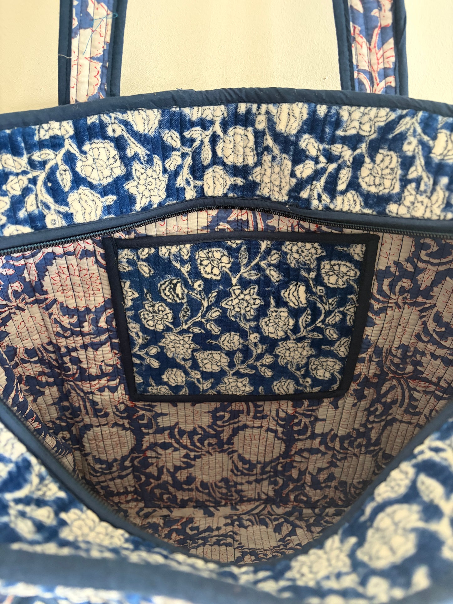 Blue velvet tote bag UK inside compartment cotton lining