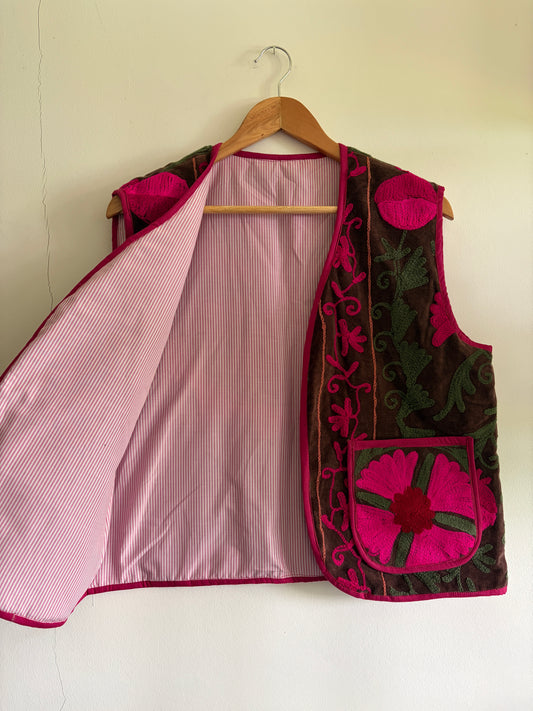 Suzani embroidered velvet vest inside lining pink cotton handmade UK