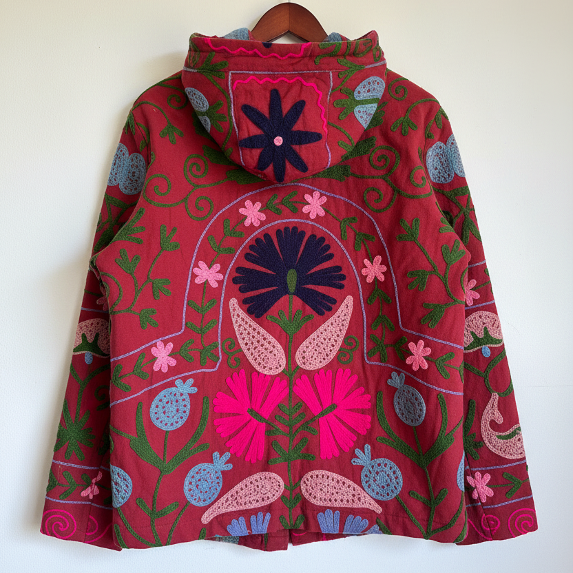 Deep Red Suzani embroidered hoodie with floral and scroll patterns.
