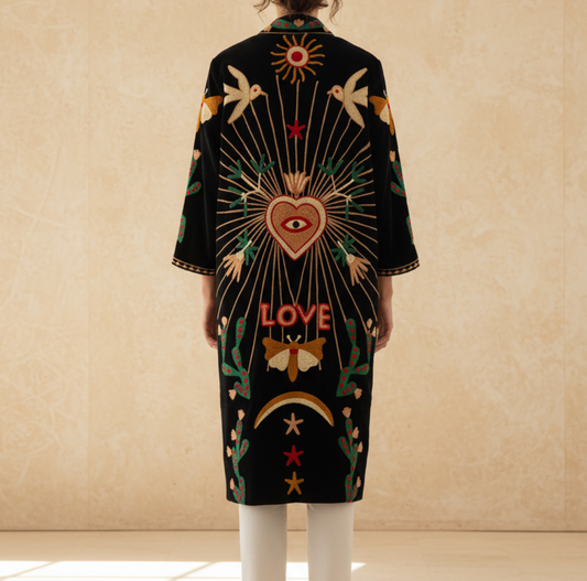 Dark blue Suzani Velvet coat with colorful embroidered patterns