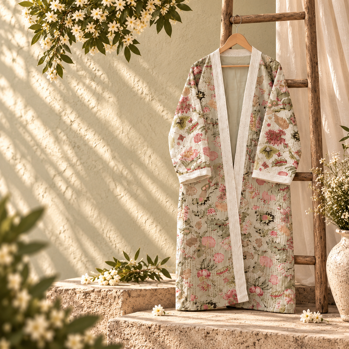A leopard print robe hanging on a hanger against a plain white wall. 