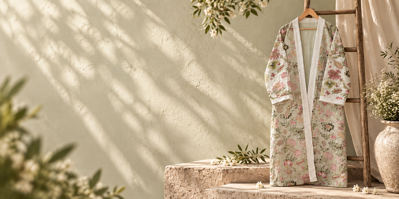 A leopard print robe hanging on a hanger against a plain white wall. 