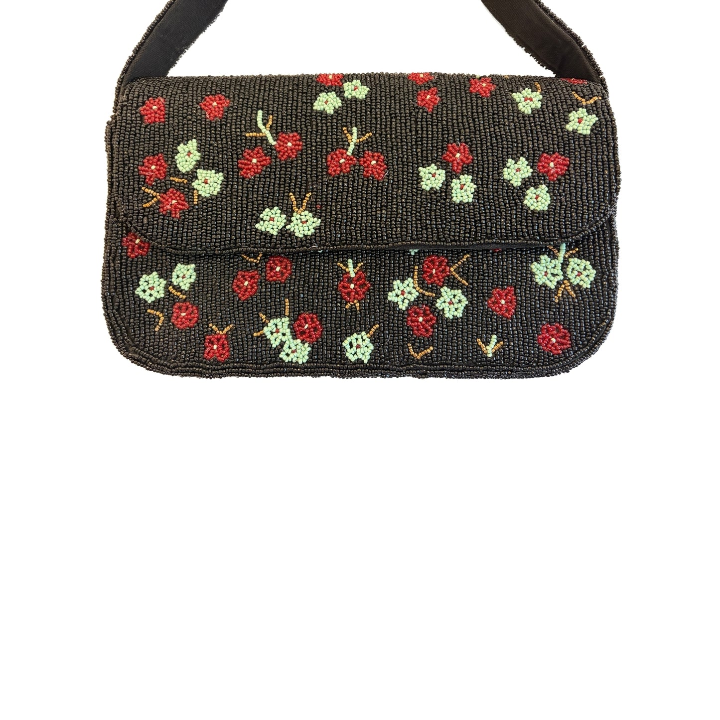 Black beaded handbag with floral patterns on a white background