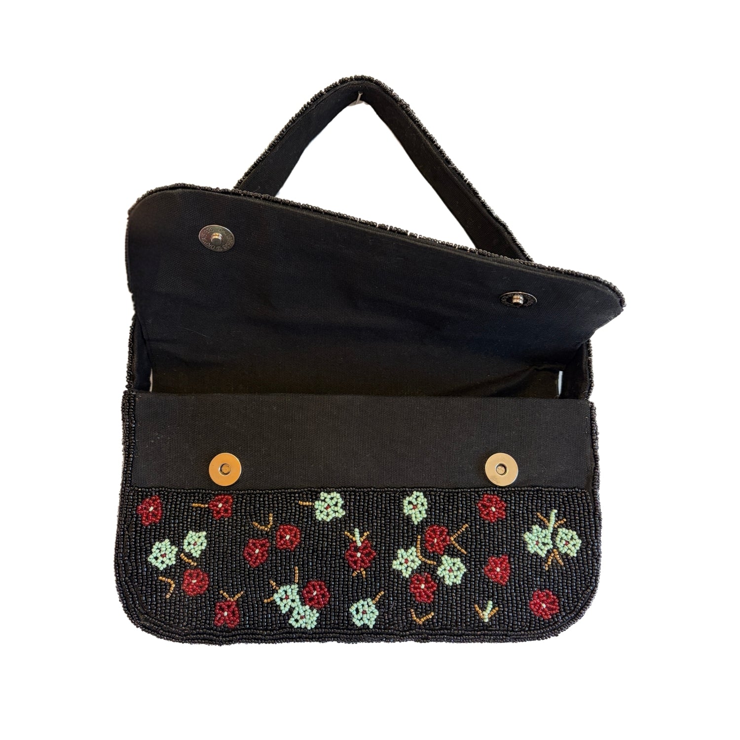 Black handbag with floral embroidery on a white background