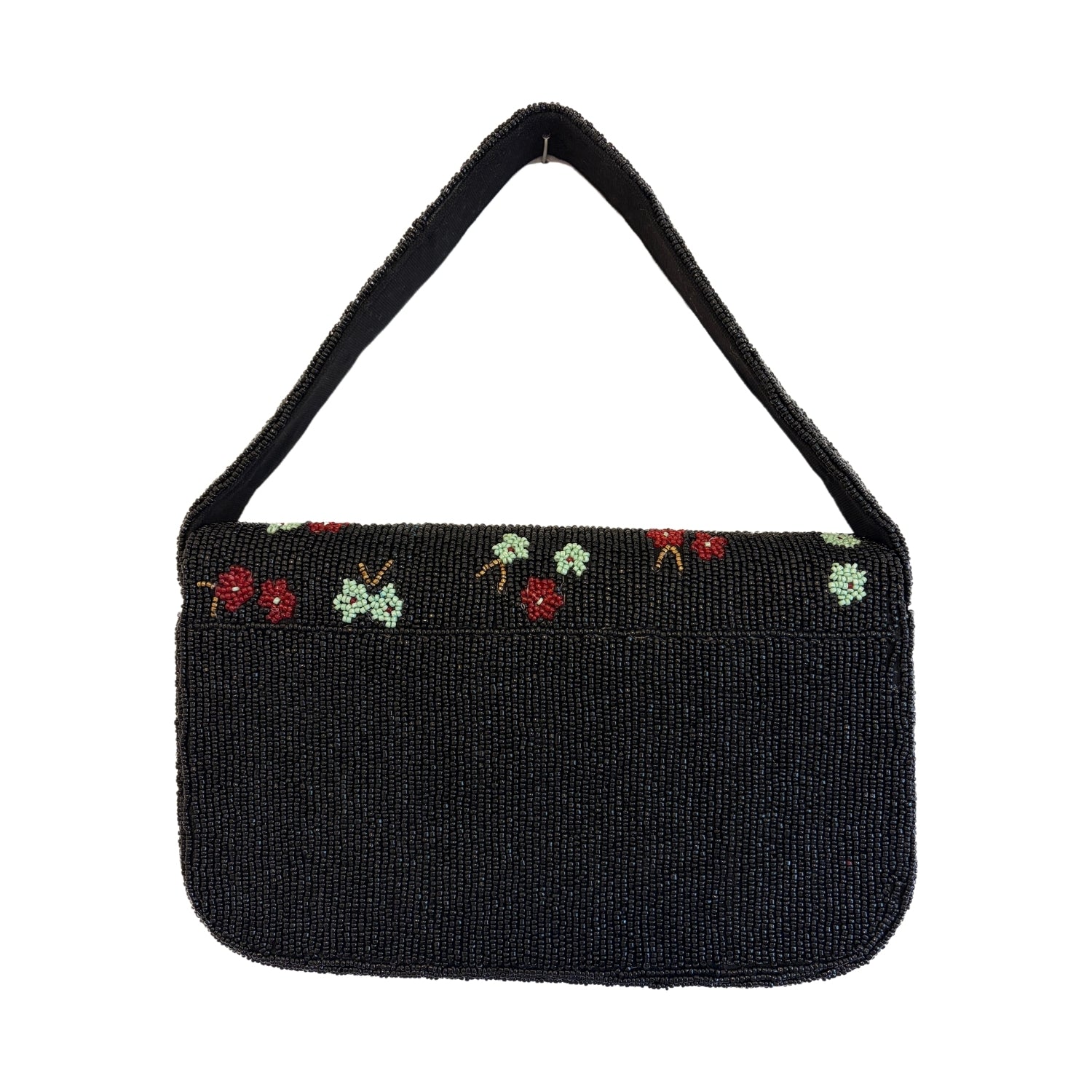 Black beaded handbag with floral embroidery on a white background