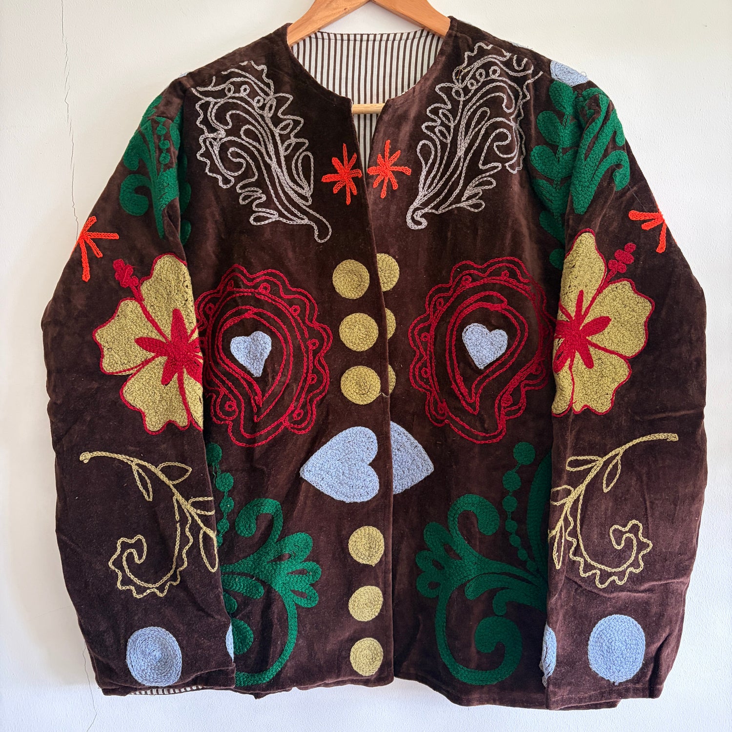 Brown Suzani Jacket with colorful embroidered patterns on a white background