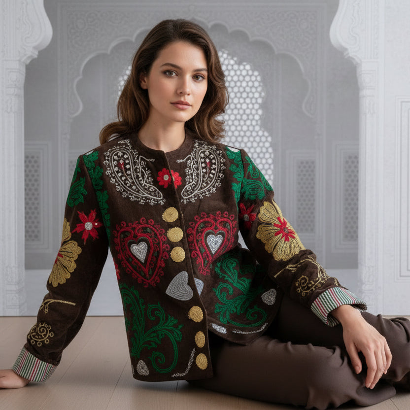 Decorative headscarf with colorful patterns on a white background