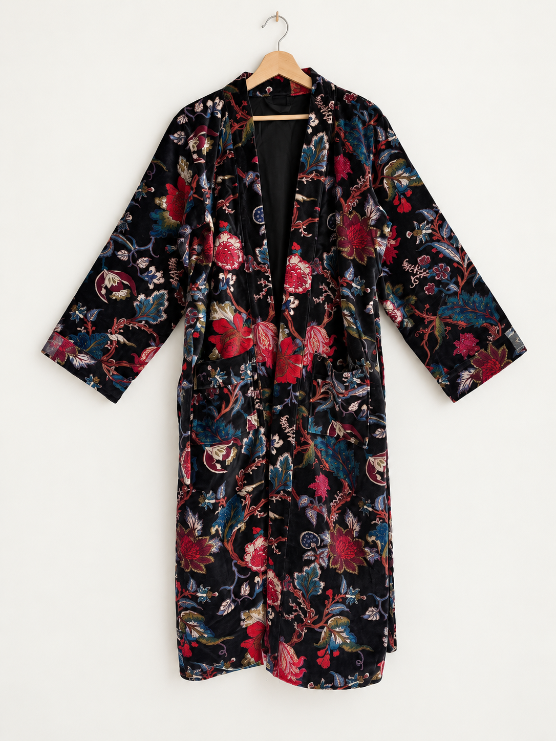 Black Floral Velvet Kimono Robe