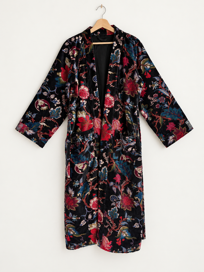 Black Floral Velvet Kimono Robe