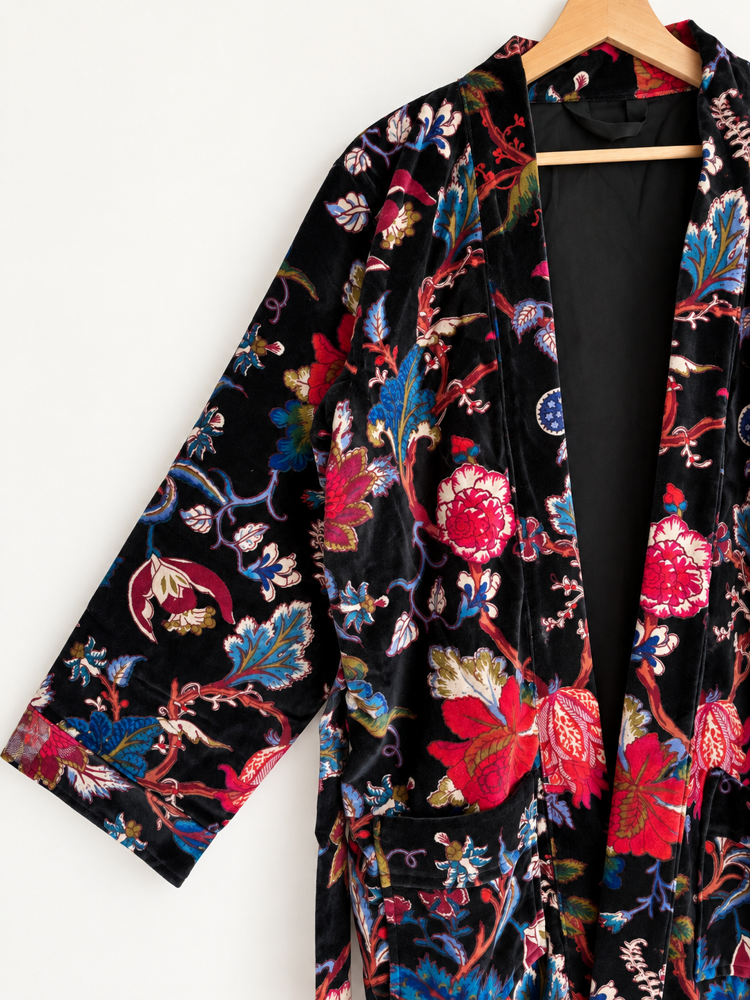 Black Floral Velvet Kimono Robe