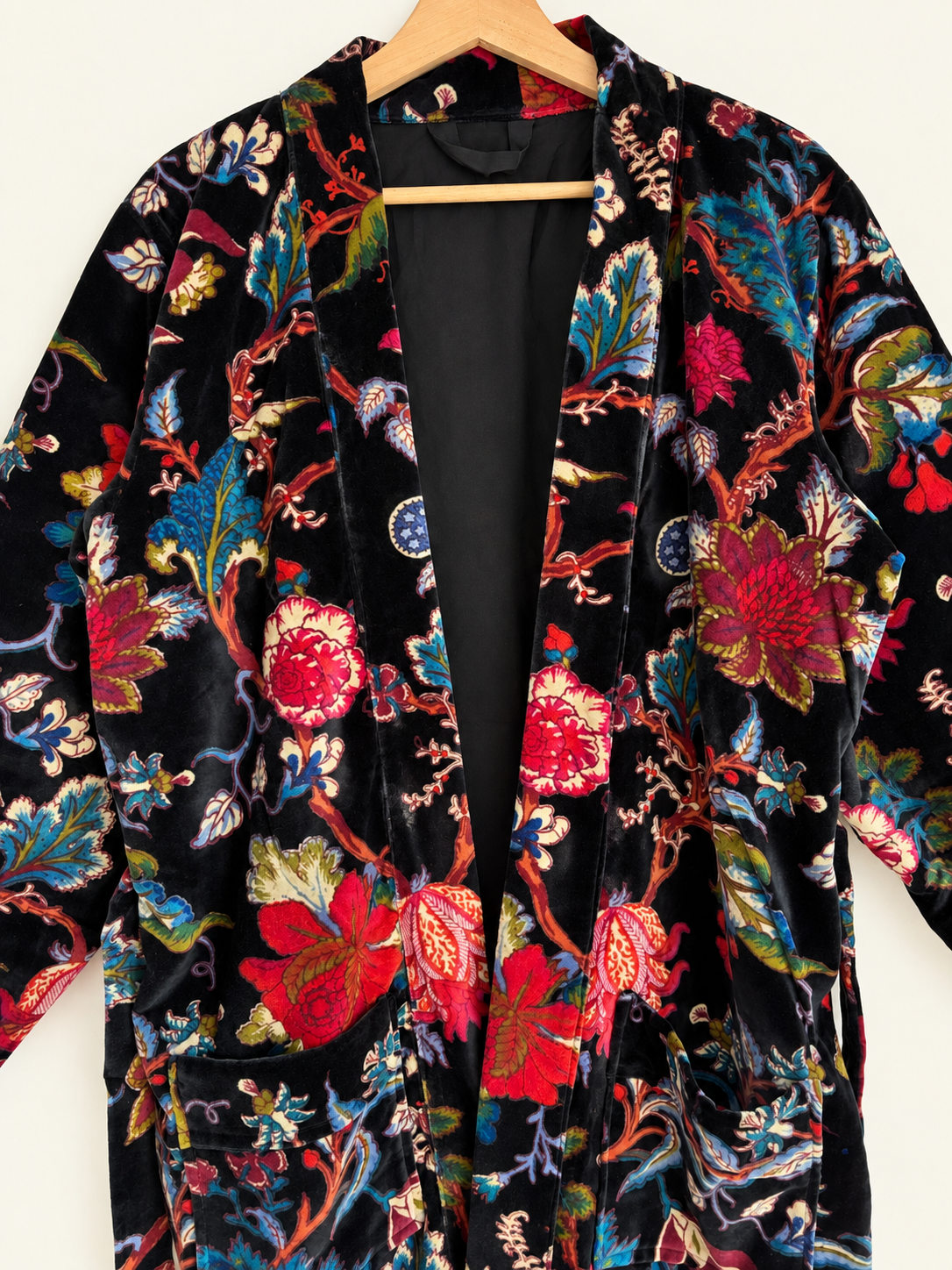 Black Floral Velvet Kimono Robe