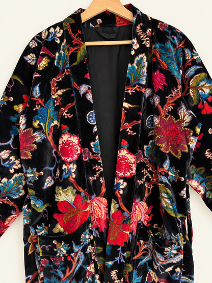 Black Floral Velvet Kimono Robe