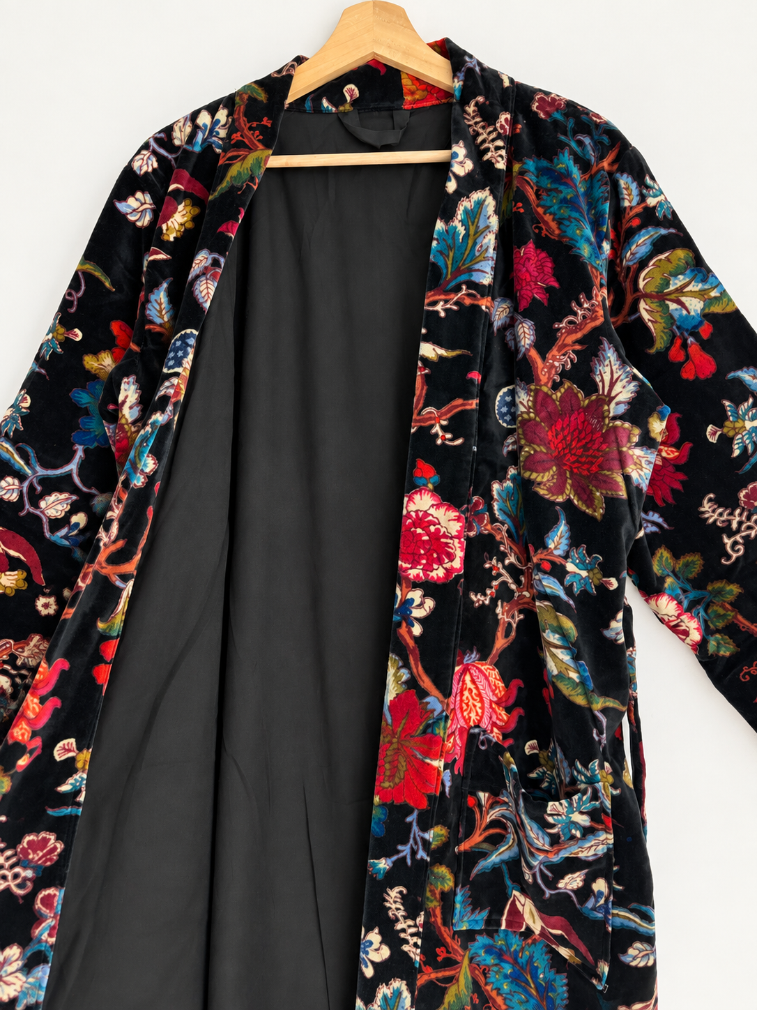 Black Floral Velvet Kimono Robe