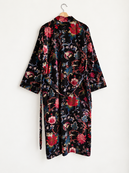 Black Floral Velvet Kimono Robe