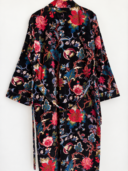 Black Floral Velvet Kimono Robe