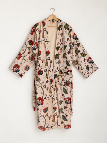 Beige Floral Velvet Kimono Robe