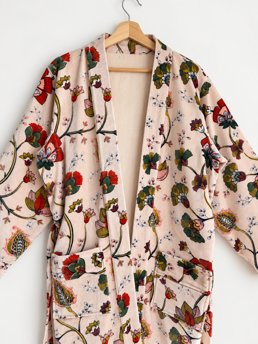 Beige Floral Velvet Kimono Robe
