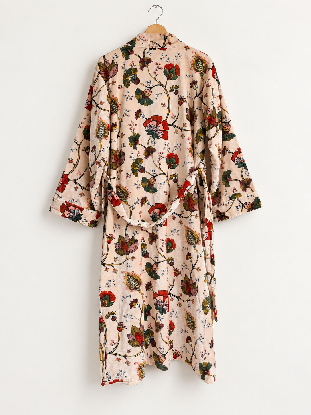 Beige Floral Velvet Kimono Robe