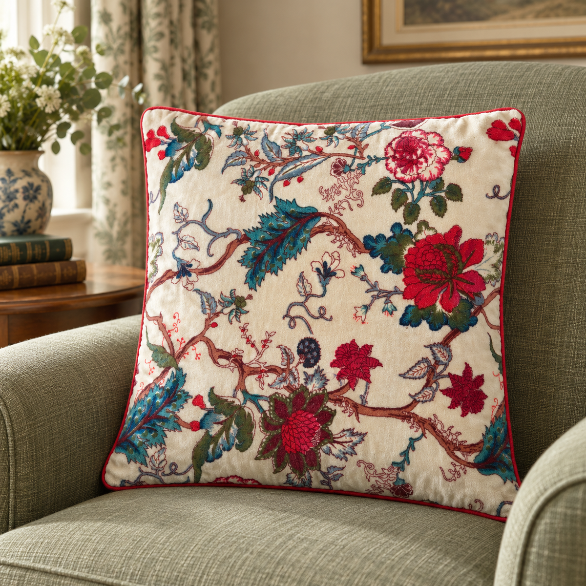 Velvet Floral Cushion Cover - Beige 