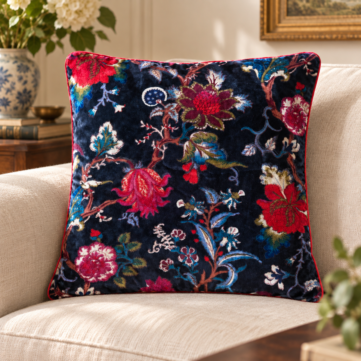 Velvet Floral Cushion Cover - Blue