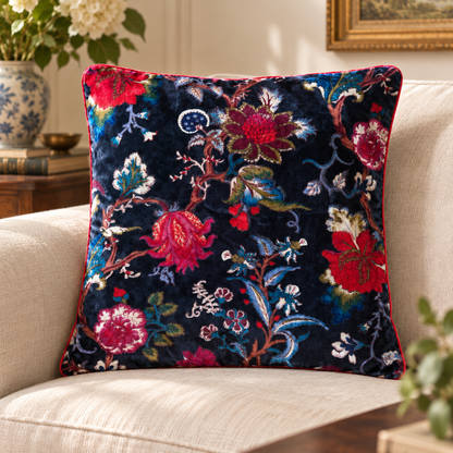 Velvet Floral Cushion Cover - Blue