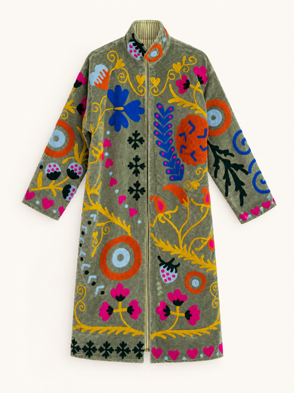 Olive Green Suzani velvet Long Coat 