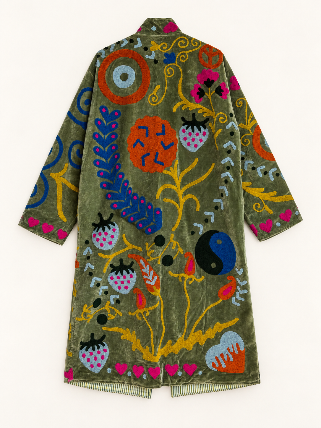 Olive Green Suzani velvet Long Coat 