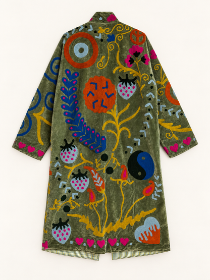Olive Green Suzani velvet Long Coat 