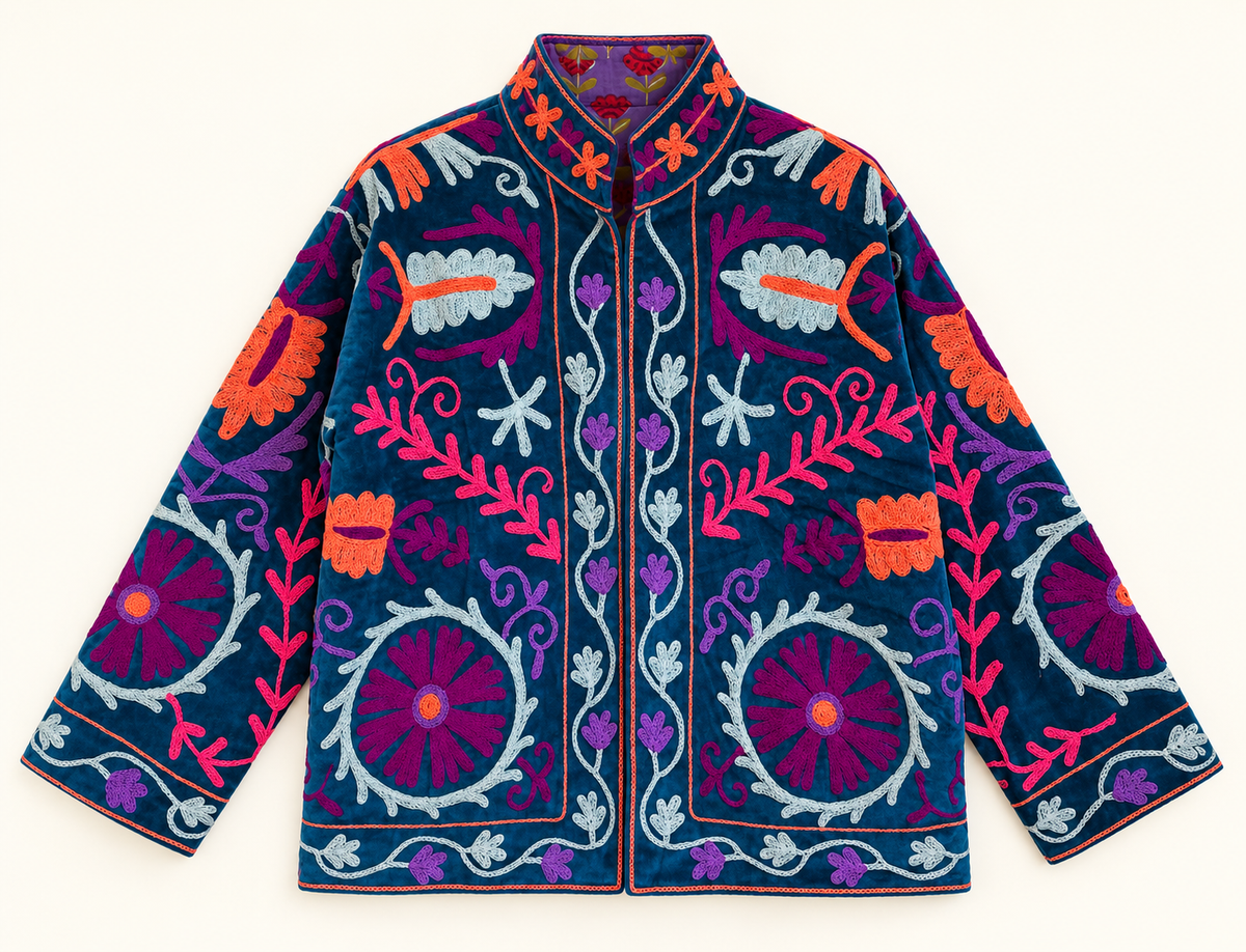 Teal Blue Suzani Velvet Jacket 