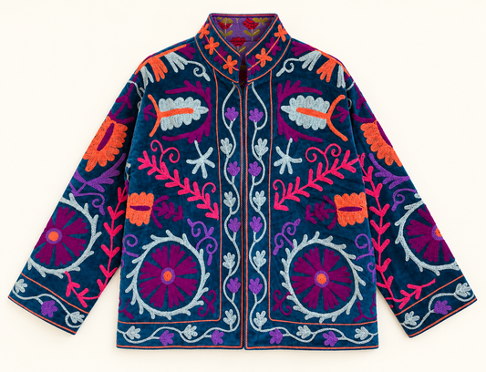 Teal Blue Suzani Velvet Jacket 