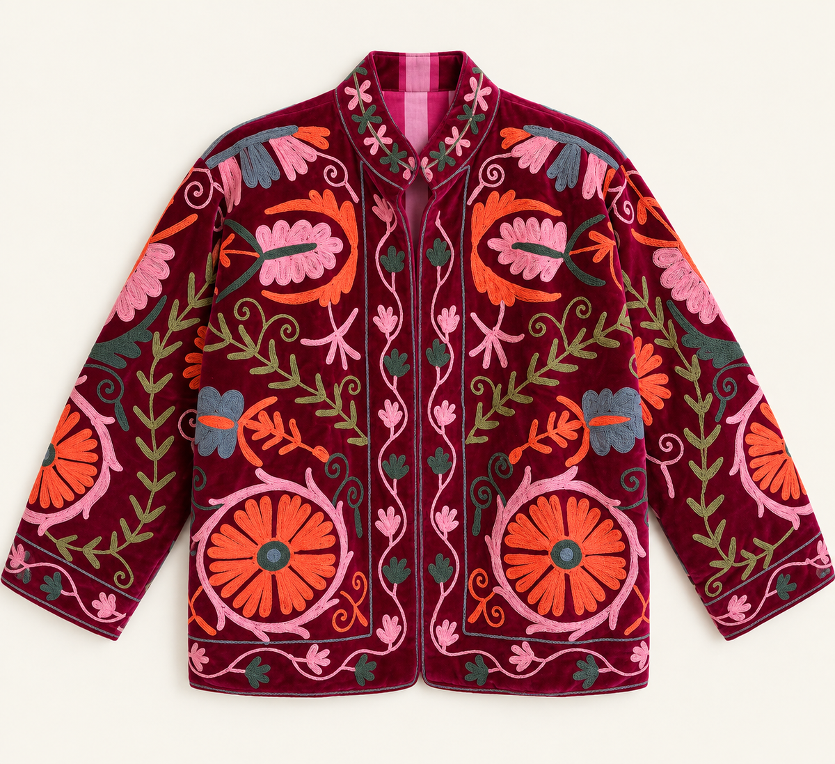 Burgundy velvet with coral and pink floral embroidery on this Suzani jacket