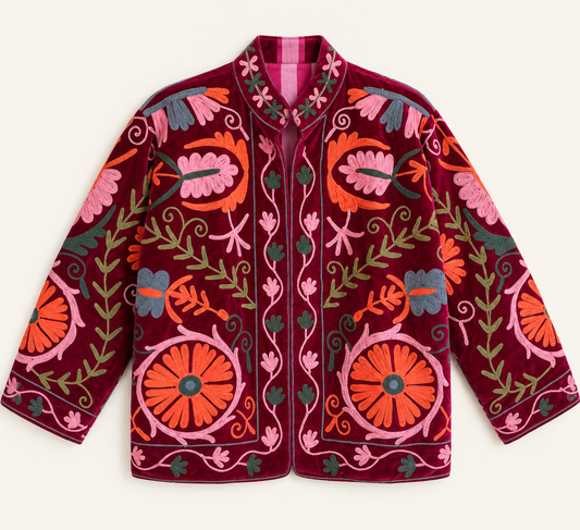 Burgundy velvet with coral and pink floral embroidery on this Suzani jacket