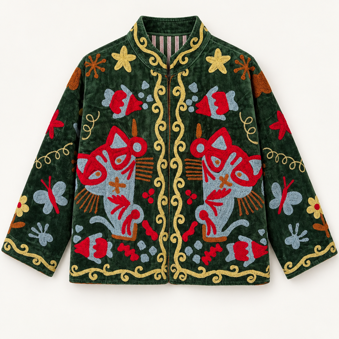 Forest Green Velvet Suzani Jacket