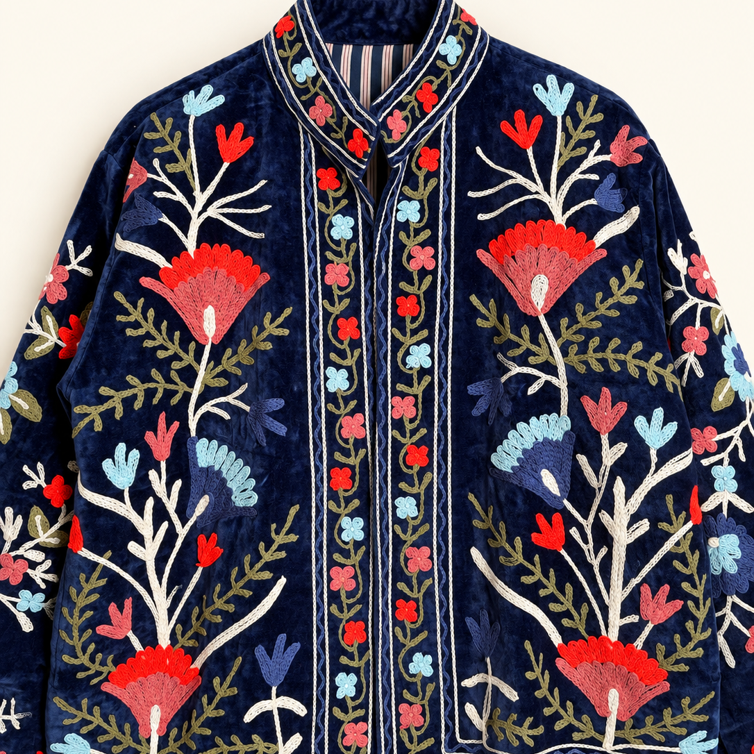 Suzani Floral Embroidery Velvet Jacket - Deep Blue